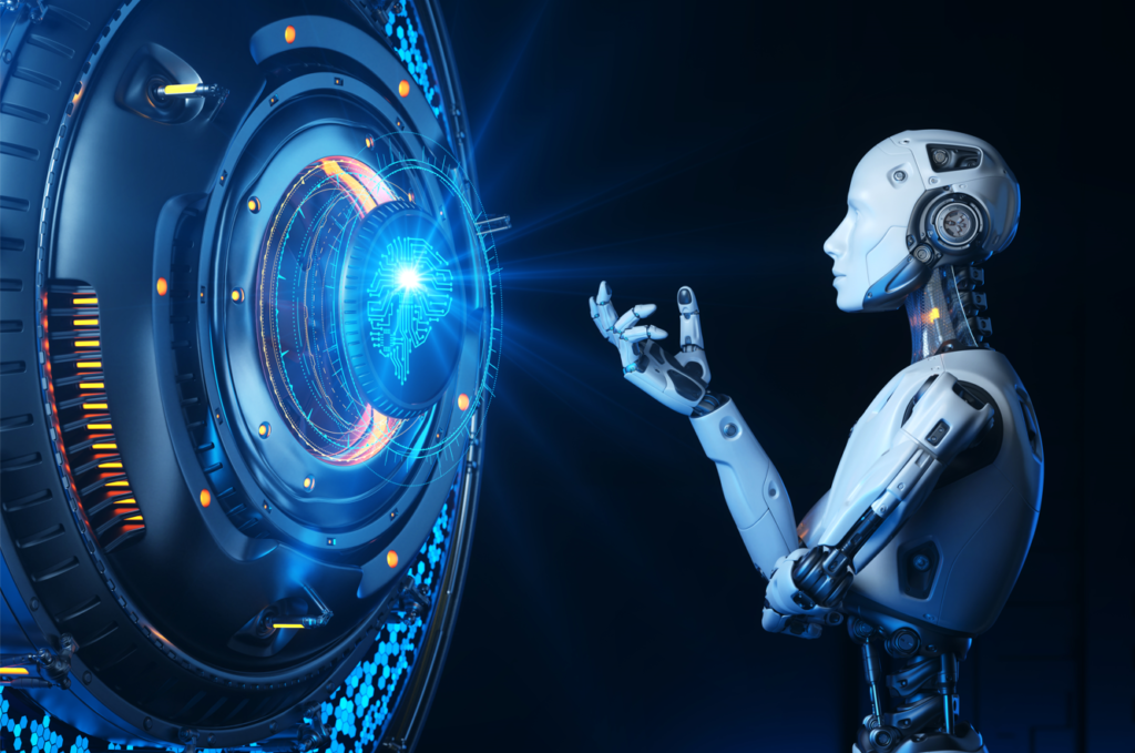 Ilustração sobre inteligência artificial destacando sua aplicação em saúde, negócios e tecnologia